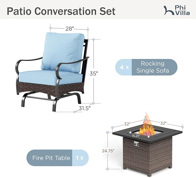 Patio Furniture Set with 32" Fire Pit Table, Patio Conversation Sets 4 Rocking Chairs with Thick Cushion and 50000 BTU Fire Pit Table (5 Pieces,Blue