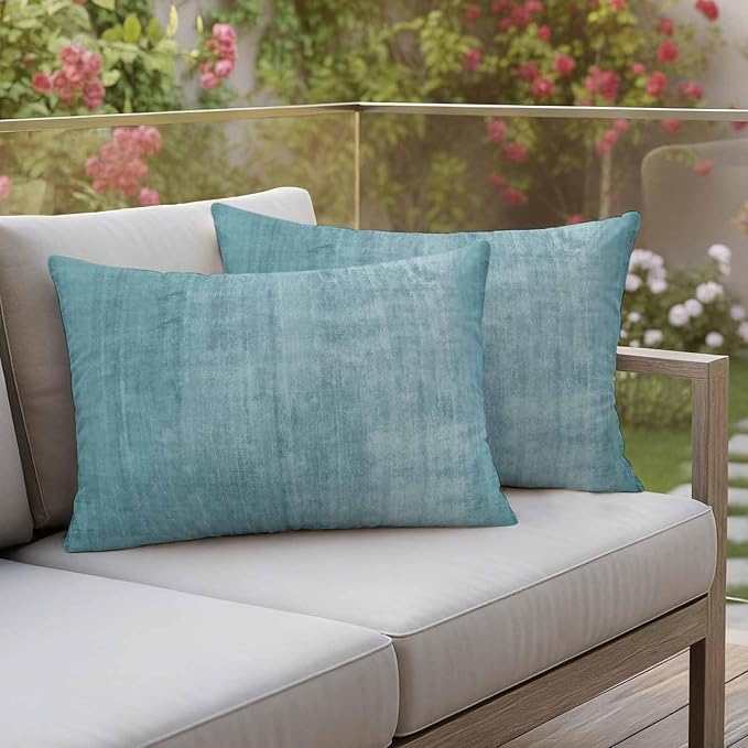 Vandarllin Outdoor Throw Pillows Covers 20x12 inch Set of 2 Waterproof Turquoise Linen Decorative Zippered Cushion Covers for Patio Furniture, Solid Color Texture Lumbar Pillowcases