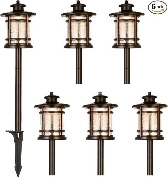 hykolity Low Voltage ORB LED Landscape Path Light with Crackled Glass Shade, 3.4W 155LM 12V-15V Wired Outdoor LED Walkway Light, Die-cast Aluminum Construction, 30-Watt Equivalent, 6 Pack