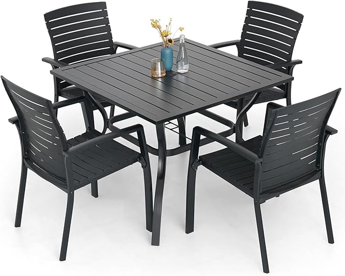 5 Piece Patio 35" Square Table and Aluminum Chairs Dining Set for 4 Person | Aluminum Frame Chairs, Resin Chair Seat, Resin Chair Back, 4 Piece Stackable Chairs, 1 Piece Black Metal Table, 4 Person Set