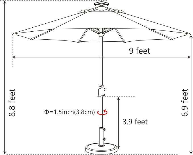 EliteShade USA 10-Year-Non-Fading 9ft Market Patio Umbrella, Commercial Grade Table Sun Umbrella with 80 Solar LED Lights, Crank Open, Windproof & UPF 50+ UV Protection for Garden, Deck, Pool, Backyard, Chestnut
