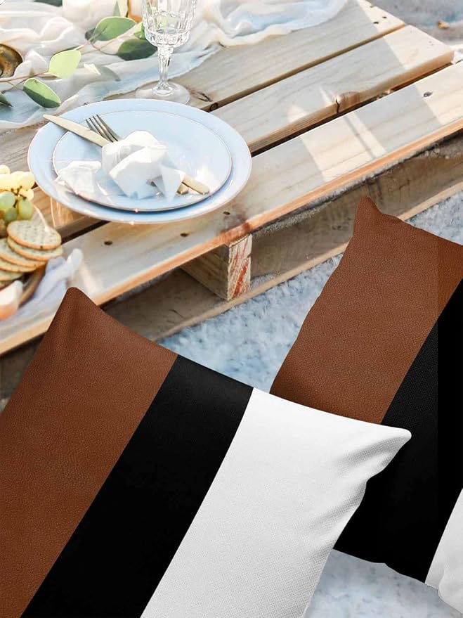 Outdoor Waterproof Throw Pillow Covers Set of 2 Brown Black Stripe Pillowcases 24x24 Inches Boho Style Patio Decorative Pillows Cushion Case Patio Pillows for Couch Bed Chair Garden