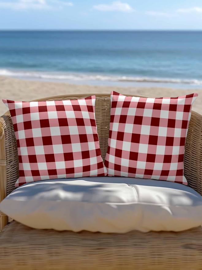 Waterproof Outdoor Pillow 1 Pack Red Check Buffalo Plaid Decorative Throw Pillows Cover & Insert 18x18 Inch Pillowcase Check Lines Square Pillows for Couch Sofa Bed Patio Furniture Indoor Outdoor