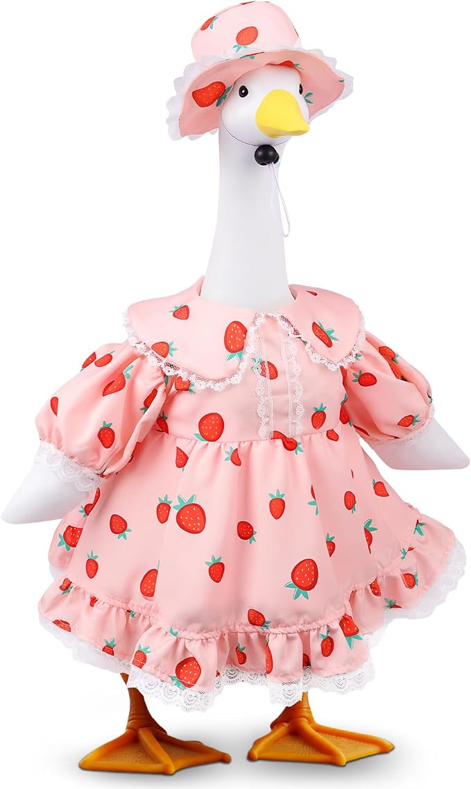 Cute Strawberry Porch Goose Outfits, 23” Porch Goose Summer Outfit | Goose Clothes with Dress and Hat for Outdoor Garden, Lawn, Yard, Patio Decor