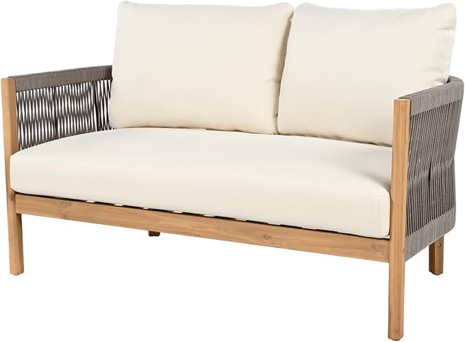 Christopher Knight Home Havets 5 Pieces Outdoor Acacia Furniture Set, Woven Rope Loveseat and Accent Club Chairs, 6" Thick Cushions Sofa and Coffee Table Set for Backyard Garden Balcony, Gray+Beige