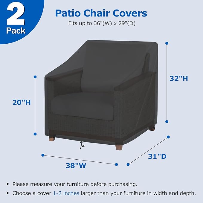 SunPatio Outdoor Chair Covers Waterproof, 2 Pack Patio Chair Covers with Windproof Straps, Outdoor Patio Furniture Covers All Weather Protection, 38" W x 31" D x 32" H, Black