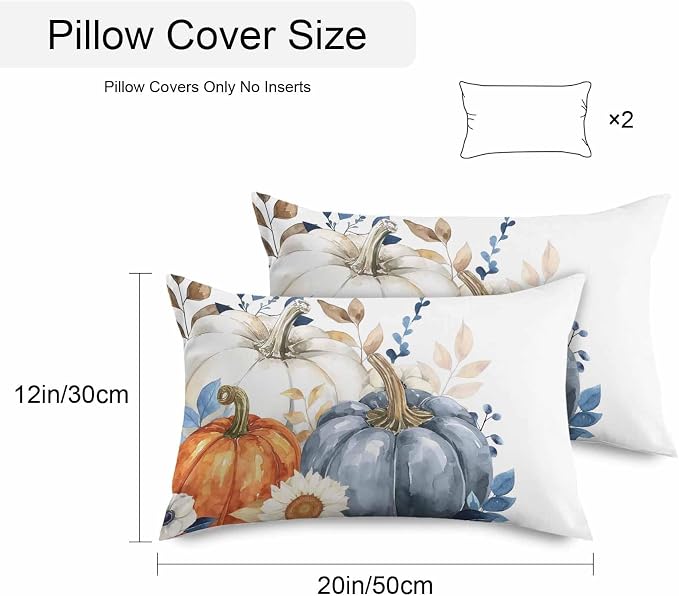 Fall Outdoor Throw Pillows Covers 20x12 inch Set of 2 Waterproof Blue White Pumpkin Zippered Cushion Covers for Patio Furniture, Autumn Eucalyptus Leaves Flower Thanksgiving Lumbar Pillowcases