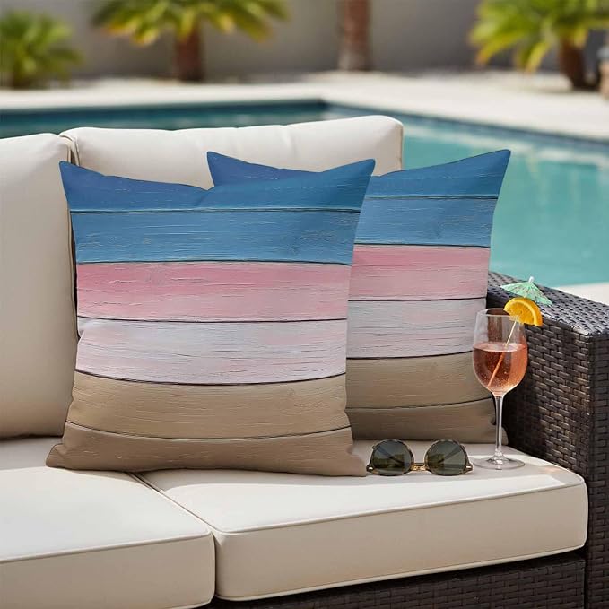 Pink Blue Brown Outdoor Pillow Covers 16x16 Inch Throw Pillow Covers Set of 2 Waterproof Decorative Pillow Cases Farmhouse Gradient Wooden Plank Art Cushion Covers for Patio Furniture Garden Couch