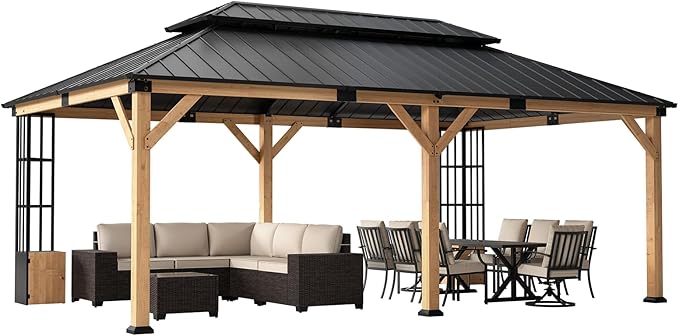 ALAULM 12'x20' Hardtop Gazebo, Outdoor Wood Pergola with Double Metal Roof Metal Corner Frame Shelves Storage,Outdoor Pavilion for Patio, Backyard, Deck,Natural