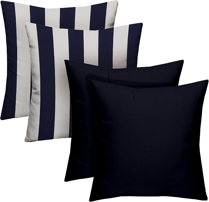 RSH DECOR Indoor/Outdoor All Weather Polyester Fabric, Decorative Accent Pillows for Patio Furniture, Reversible, 17" x 17", Navy Blue + Navy Blue & White Stripe - Set of 4 Square Throw Pillows