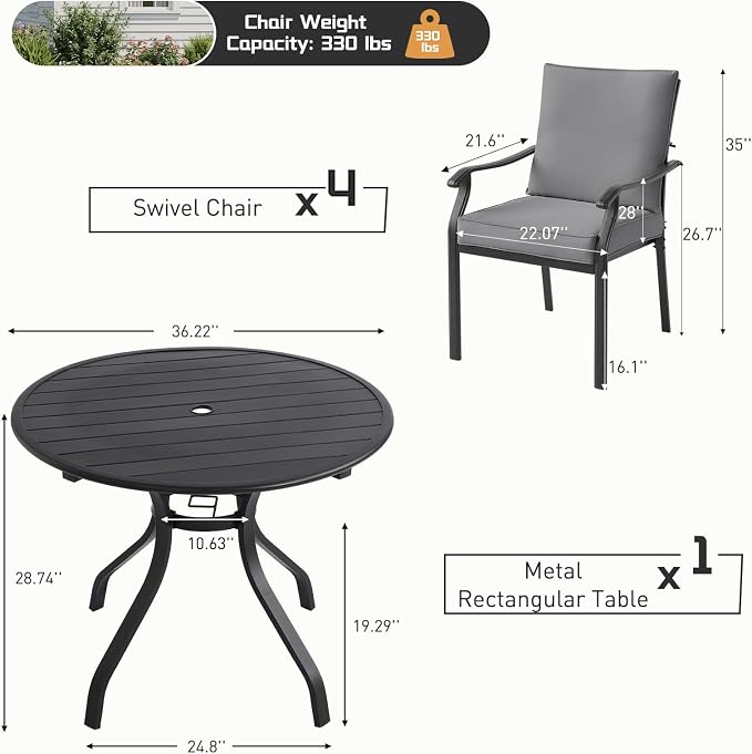 5 Piece Outdoor Patio Dining Set, 36’’ Round Dining Table with Umbrella Hole & 4pcs Metal Dining Chairs, Outdoor Furniture Dining Set for Patio, Balcony, Lawn, Garden, Backyard