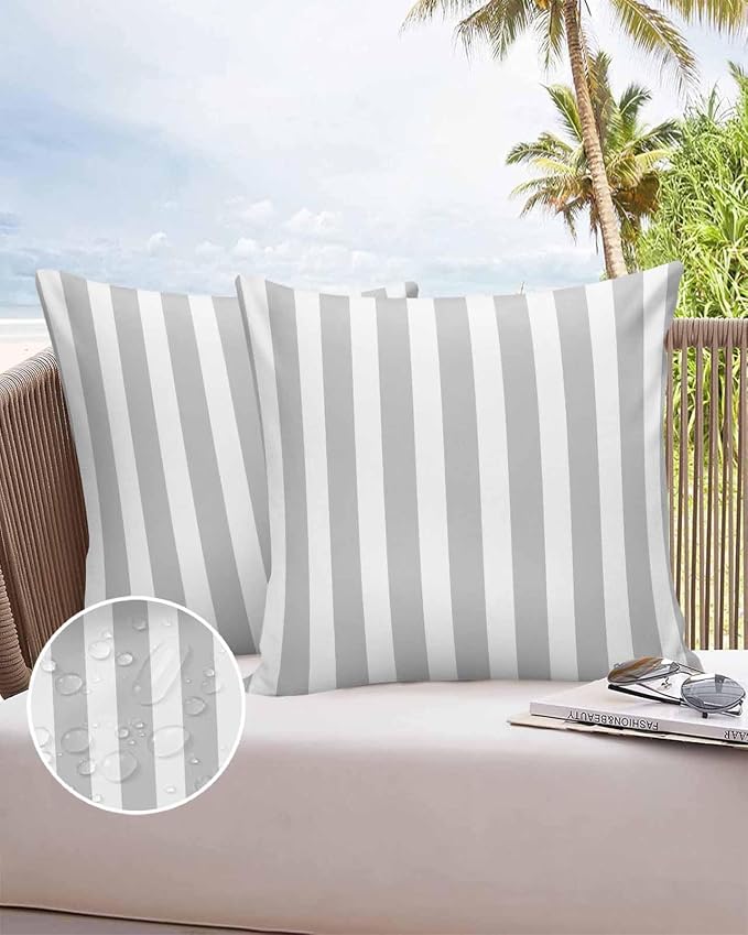 Outdoor Waterproof Throw Pillow Covers 24x24in, Gray Stripes Cushions for Garden Patio Furniture Chairs Set of 2, Abstract Geometric Home Decor Couch Sofa Polyester Pillow Cases