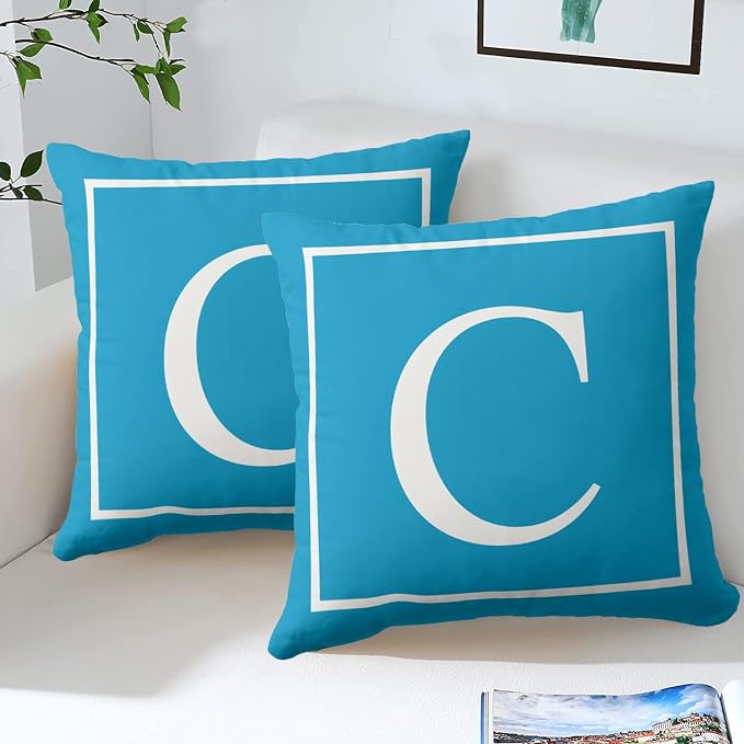 Monogram Initial Light Blue Outdoor Pillow Covers 18 x 18inches Decorative Pillow Case for Sofa Couch Bed (Pillow Insert Not Include)