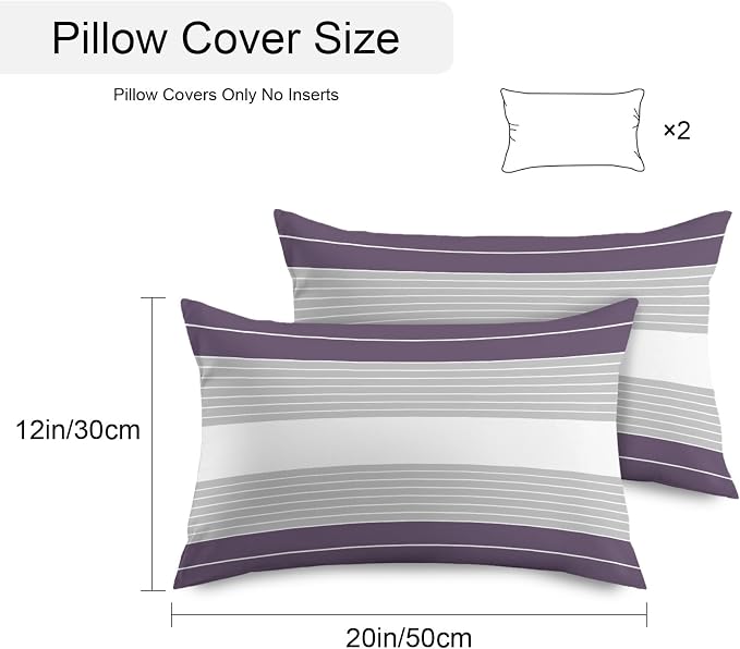 Purple Grey Stripe Outdoor Pillow Covers Waterproof, All Weather Cushion Case Set of 2, Modern Art Horizontal Striped Lumbar Pillowcase for Sofa Couch Bed Decor Patio Furniture 20"x12"