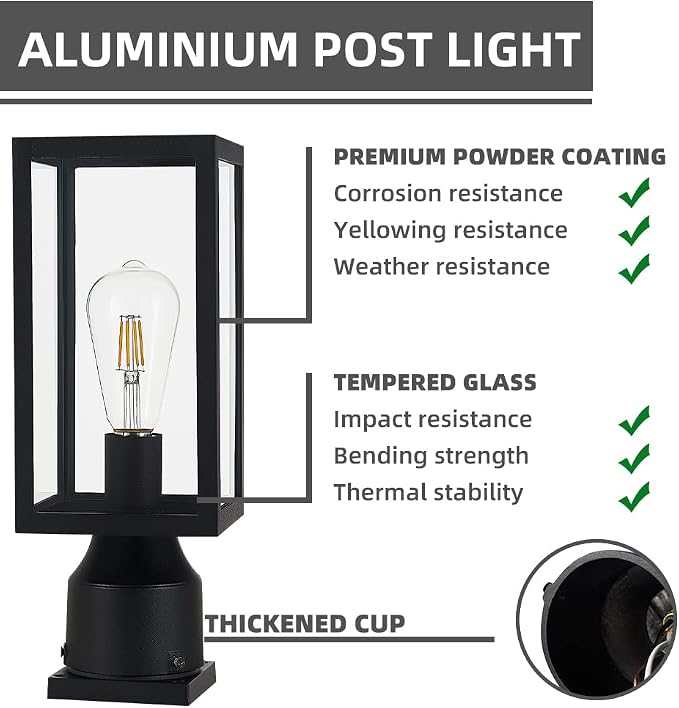 Windben Outdoor Post Light, Waterproof, 13.8in, Matte Black | Cast Aluminum Anti-Rust, Tempered Glass Panels, Comes with Pier Mount Base, For Garden, Yard, Driveway