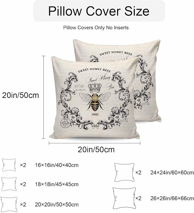 Sweet Honey Bees Outdoor Pillow Covers Pack of 2 Bees Farmhouse Retro Texture Waterproof Throw Pillow Covers Decorative Cushion Cases for Patio Garden Tent Balcony Couch 18x18 inch