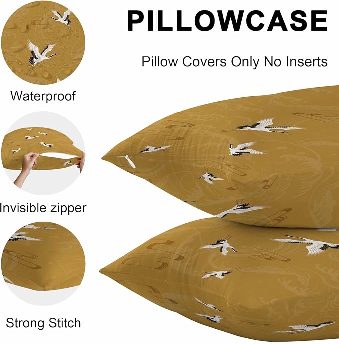 Japanese Style Outdoor Pillow Covers 20x12 Inch Lumbar Pillow Covers Set of 2 Waterproof Decorative Throw Pillow Cases Vintage Art Cranes Ocean Wave Yellow Cushion Covers for Patio Furniture Garden