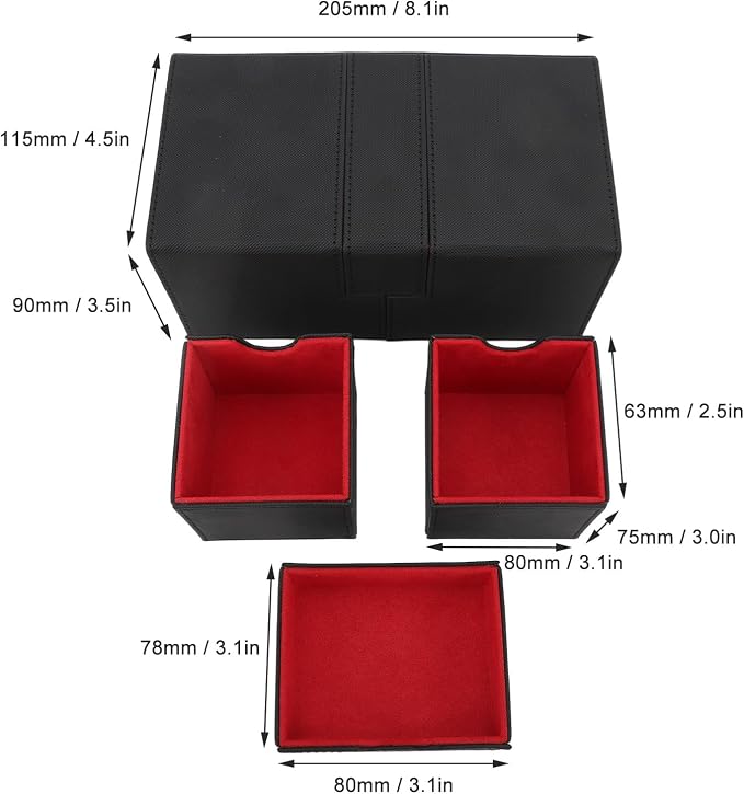 SUNGOOYUE Card Deck Box, PU Leather Game Card Storage Box with 3 Drawers and Magnetic Closure, for Holding Over 200 Cards Sports Cards (Black Red)