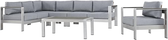 Modway Shore 6-Piece Aluminum Outdoor Patio Sectional Sofa Set in Silver Gray