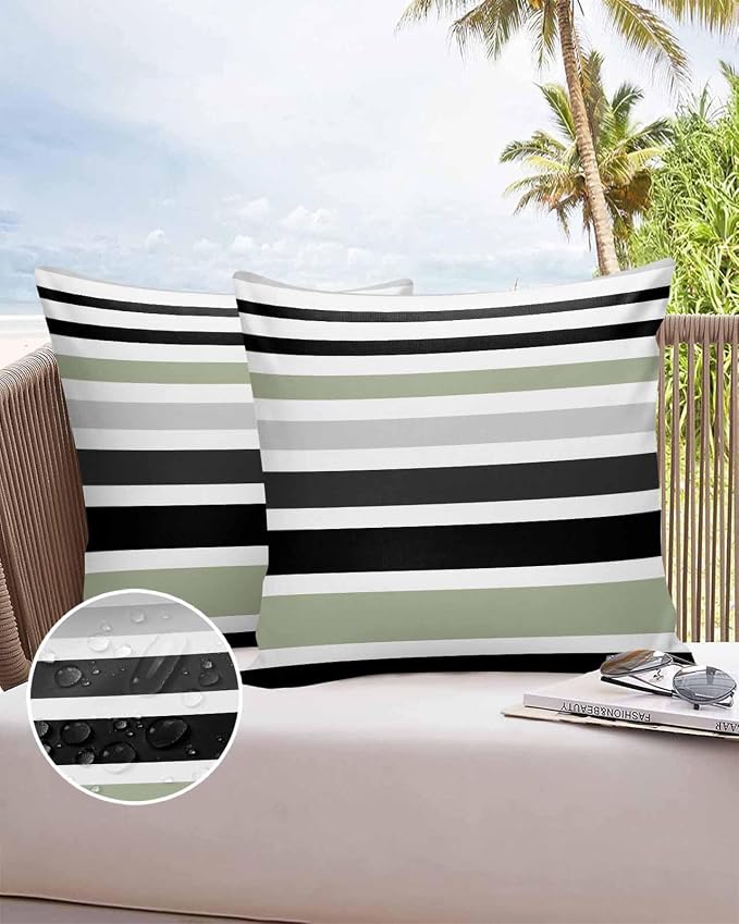 Modern Sage Green Black White Grey Stripes Outdoor Pillow Covers 20x20in Pack of 2 Waterproof Pillowcase Simple Lines Decorative Throw Cushion Case for Patio Couch Sofa
