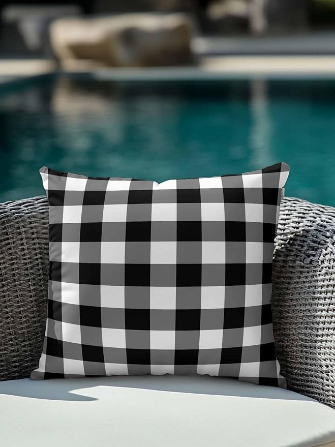 Waterproof Outdoor Pillow 1 Pack Black Buffalo Plaid Decorative Throw Pillows Cover & Insert 16x16 Inch Pillowcase Check Lines Square Pillows for Couch Sofa Bed Patio Furniture Indoor Outdoor