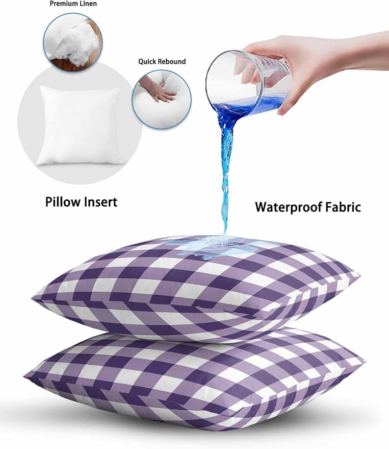 Waterproof Outdoor Pillow 1 Pack Purple Buffalo Plaid Decorative Throw Pillows Cover & Insert 18x18 Inch Pillowcase Check Lines Square Pillows for Couch Sofa Bed Patio Furniture Indoor Outdoor