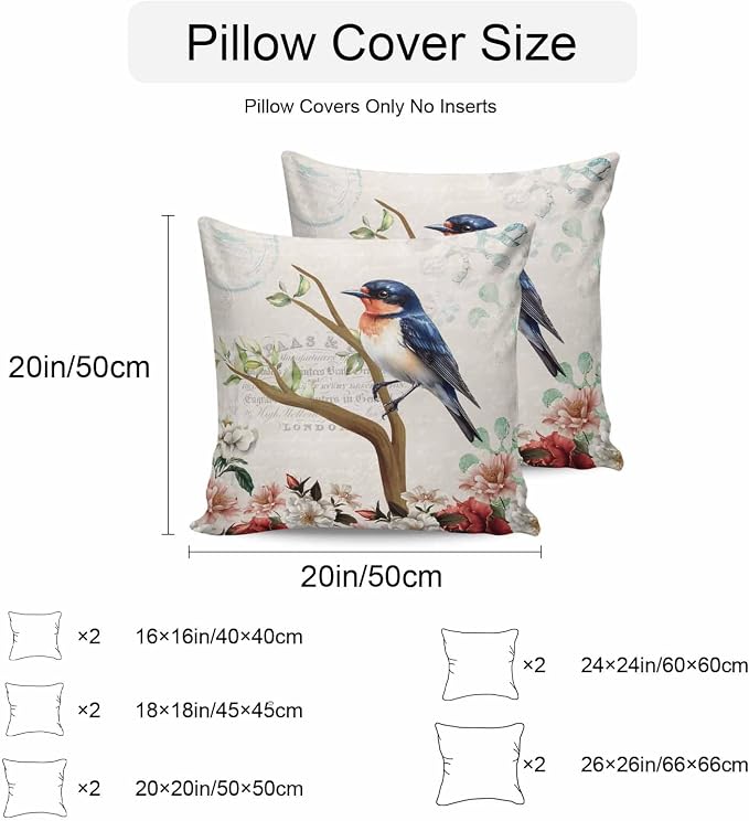 Spring Bird Branch Waterproof Outdoor Pillow Covers Set of 2 Home Decor, Farmhouse Vintage Botanical Floral Pillowcase Patio Pillow Covers for Couch Bench Furniture Garden 26x26in