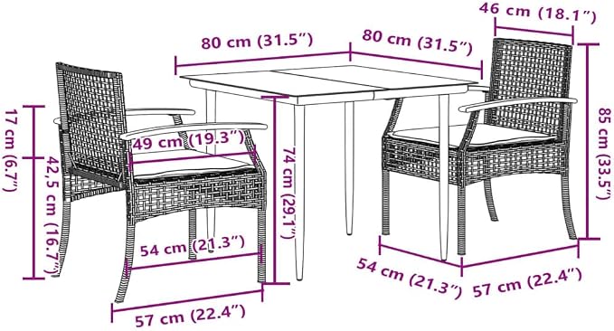3 Piece Patio Dining Set with Cushions Gray Poly Rattan Outdoor Furniture Table and 2 Chairs for Garden Backyard, Navy Blue Cushions with Removable Covers, Tempered Glass UV-Proof Steel Frame