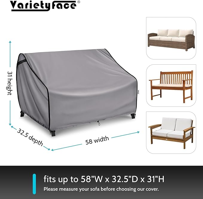 Outdoor Furniture Covers for Sofa Waterproof, Patio Loveseat Cover Tear Resistant, Fits up to 58W x 32.5D x 31H inches, Grey