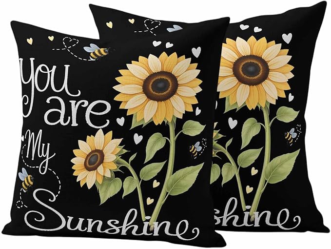 Outdoor Pillow Covers You are My Sunshine Words Decorative Throw Pillow Covers, Country Sunflowers Bees Throw Cushion Case with Zipper for Patio,Couch,Sofa,Garden 16x16in Set of 2