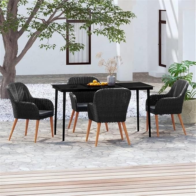 BOWERY HILL Contemporary 7-Piece Garden Dining Set, Weather-Resistant PE Rattan, Rectangular Black Table 55.1 x 27.6 in., Powder-Coated Finish, Modern Outdoor Patio Furniture for Garden or Terrace