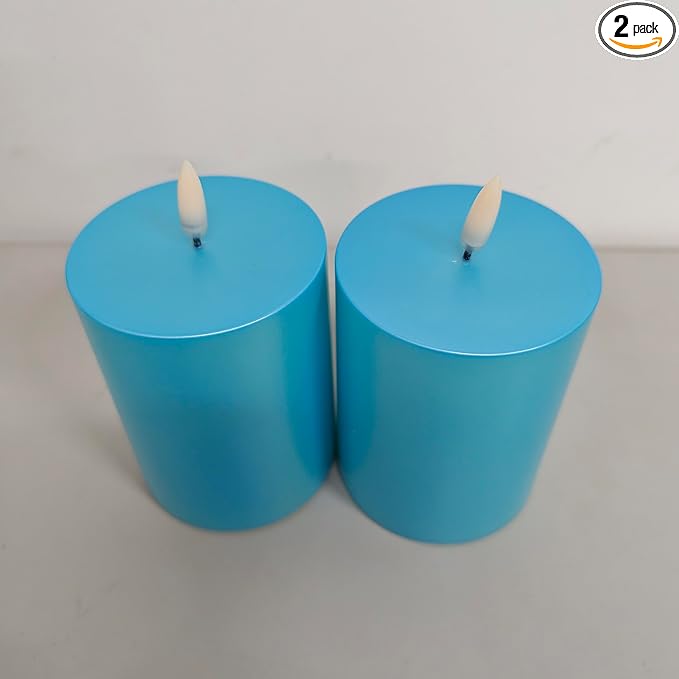 Blue Battery Operated Pillar Candles 3x4 Set of 2, LED Flameless Candles for Table Decor, Waterproof Decorative Candles for Patio Porch Outdoor Decor