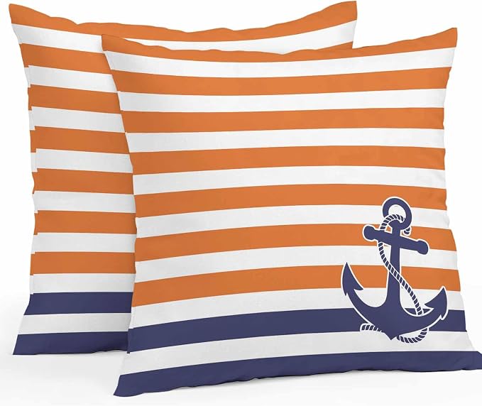 Throw Pillow Covers 18x18 Inch Set of 2, Anchor Orange Waterproof Outdoor Cushion Covers, Modern Navy Blue White Striped Nautical Decorative Pillowcases for Couch, Sofa, Bed, Garden, Patio