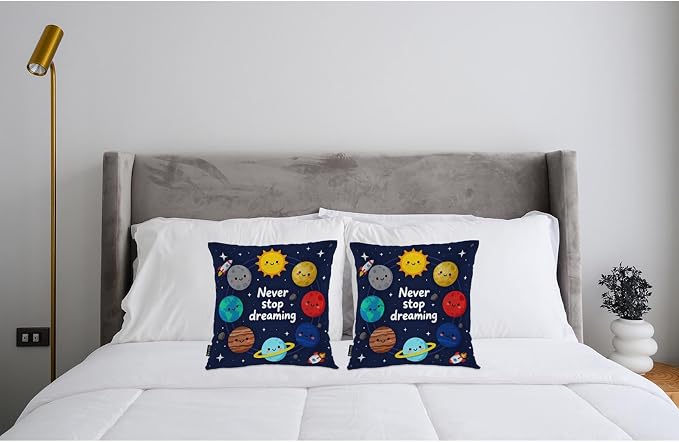 Swono Solar System Set of 2 Throw Pillow Covers Never Stop Dreaming 18x18 Inch Pillow Cases Cute Galaxy Space Planets Stars Square Pillowcases Cushion Cover for Men Women Decorative Home Bed Sofa