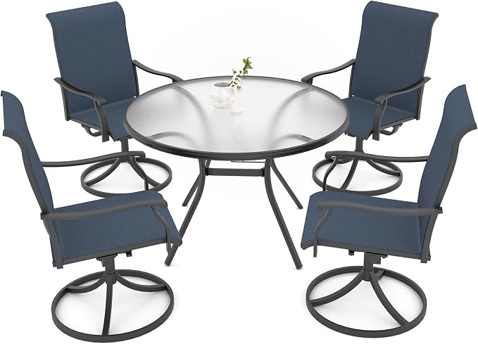 Outdoor Patio Set, 40"x 40"x 28" Round Glass Dining Table and 4pcs Swivel Chairs, All-Weather Patio Furniture Set with 1.7" Umbrella Hole for Garden Backyard Lawn Poolside