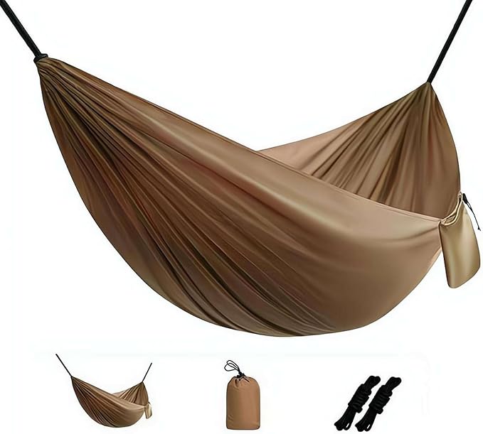 Camping Hammock Lightweight Portable Double Swing with 2 Tree Straps, Heavy Duty Parachute Nylon Bed for Backpacking Hiking Beach, Outdoor Essentials for Backyard Patio Camping Gear (Khaki)