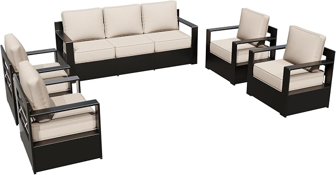 Aluminum Outdoor Conversation Furniture Set - All Weather Patio 79" Sofa with 4 Armchairs, 6" Water-Resistant Cushions & Furniture Covers & Metal Armrest for Deck Porch (Beige)