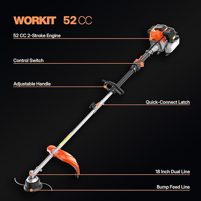 WORKIT 5-in-1 Gas Weed Wacker 52CC 2-Stroke Weed Eater Grass Trimmer 18" String Trimmer with 0.095" Dual Line Brush Cutter Auto Bump Feed Sturdy Metal Trimmer Lawn for Men & Professionals