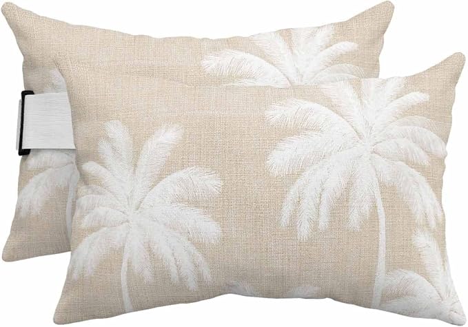 Pack of 2 Outdoor Lumbar Pillow Covers 11x16 Inch, Beige Palm Trees Waterproof Throw Pillow Covers Set, Farmhouse Tropical Summer Beach Indoor&Outdoor Decorative Cushion Cases for Patio Porch Car