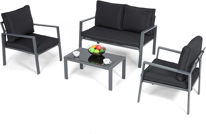 4-Piece Outdoor Patio Furniture Set, Steel Frame Patio Conversation Set with Tempered Glass Side Table for Home, Yard, Poolside