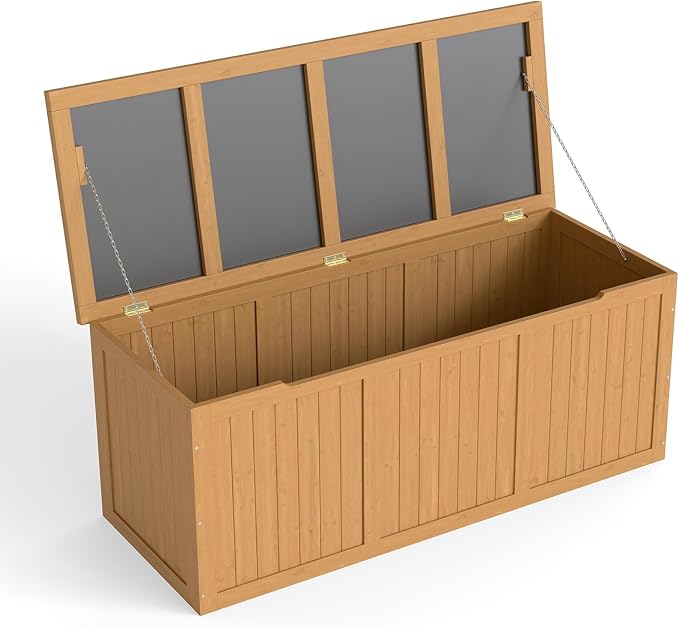 Domesto 112 Gallon Extra-Large Outdoor Deck Box, Solid Wood Storage Box Seat & Table Top, For Patio Cushions, Pool, Garden Tools (Light Brown, 112 Gallon)