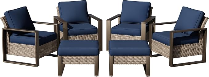 Joyside Outdoor Patio Chairs, 6 Pieces Wicker Rattan Furniture Set, 4 Patio Chairs and 2 Ottoman, Metal Wide Armrest, Thick Cushions and Deep Seating for Garden, Backyard, Porch, Deck