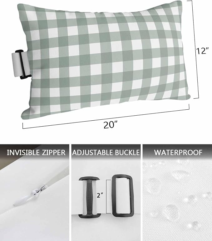 Pack of 4 Outdoor Lumbar Pillow Covers 12x20 Inch, Green Farmhouse Waterproof Throw Pillow Covers Set, Buffalo Plaid Check Lattice White Grid Indoor&Outdoor Cushion Cases for Patio Porch Beach