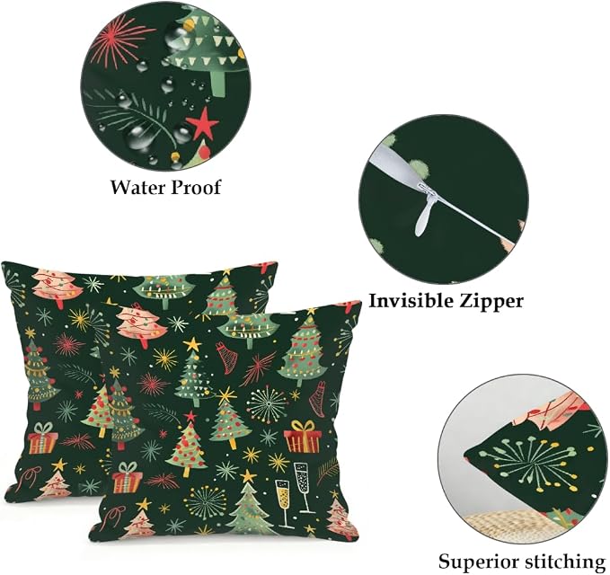 16x16 Inch Outdoor Pillow Covers Set of 2 Waterproof Throw Pillow Covers Decorative Couch Cushion Covers Merry Christmas Tree Square Pillowcases Protectors for Patio Garden Sofa