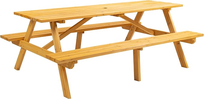 75'' Rectangular Outdoor Dining Table Wooden Patio Dining Table & 2 Built-in Bench for 8, 2" Umbrella Hole, Suitable for Backyard Garden Porch, Natural