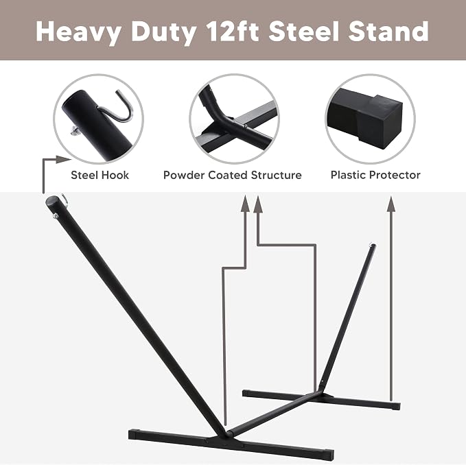 SUNCREAT Hammocks for Outside with Stand Included, Double Hammock with Curved Spreader Bar, Carrying Bag, Gray Stripes