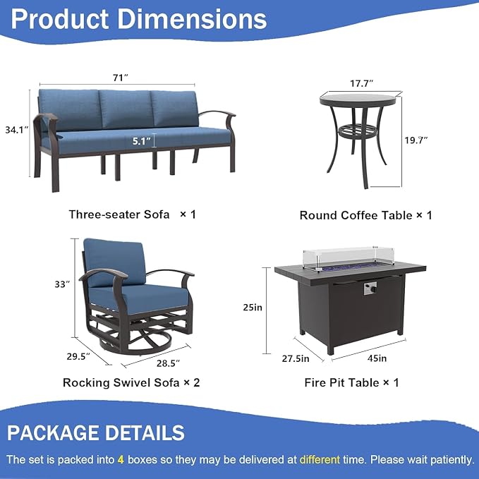 Kullavik Aluminum Patio Furniture Set,5 Piece Modern Metal Outdoor Patio Furniture w/5.1'' Thick Cushion,Swivel Chairs and 45" Propane Fire Pit Table,Patio Conversation Sets for Porch,Deck,NavyBlue