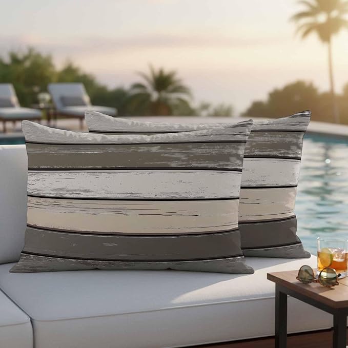 Retro Dark Grey Stripe Outdoor Waterproof Throw Pillow Covers Set of 2, 20"x12", Peeling Paint Effect Texture Decorative Pillow Covers Outside Cushion Case for Patio Porch Garden