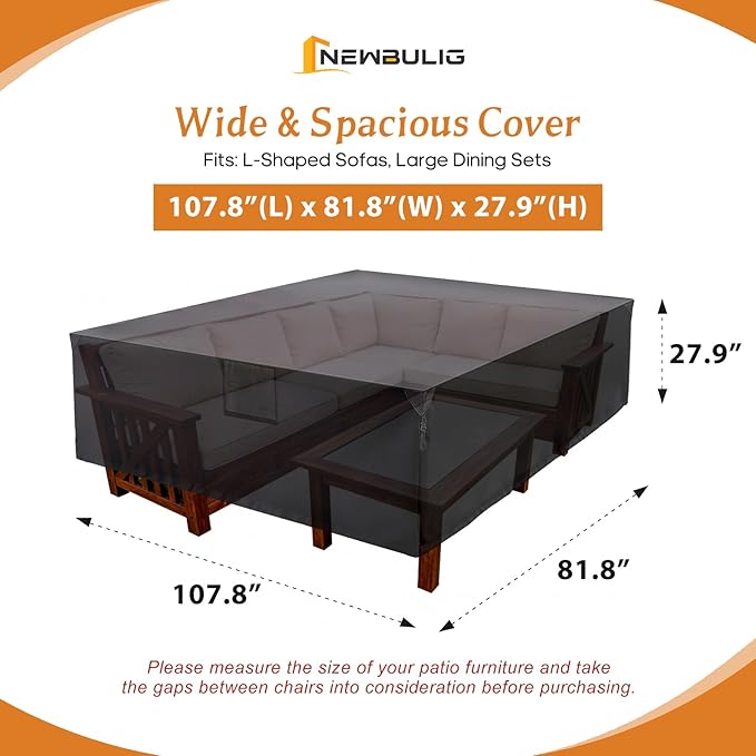 NEWBULIG Waterproof Patio Furniture Covers, Heavy-Duty 600D 108"L x 82"W x 28"H All-Weather Outdoor Furniture Cover Anti-UV with Air Vent for Couch, Sectional Sofa, Table and Chair, Black