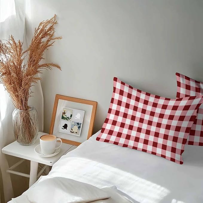 Red Farmhouse Waterproof Outdoor Pillow Covers Set of 2 Home Decor, Gradient Buffalo Plaid Lattice Grid Pillowcase Patio Pillow Covers for Couch Bench Furniture Garden 20x12in